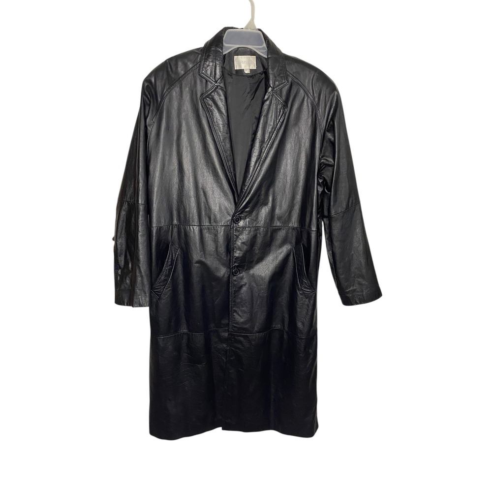 Charles Klein Mens Black Leather Long Trench Coat Jacket Size Large 80s Vintage